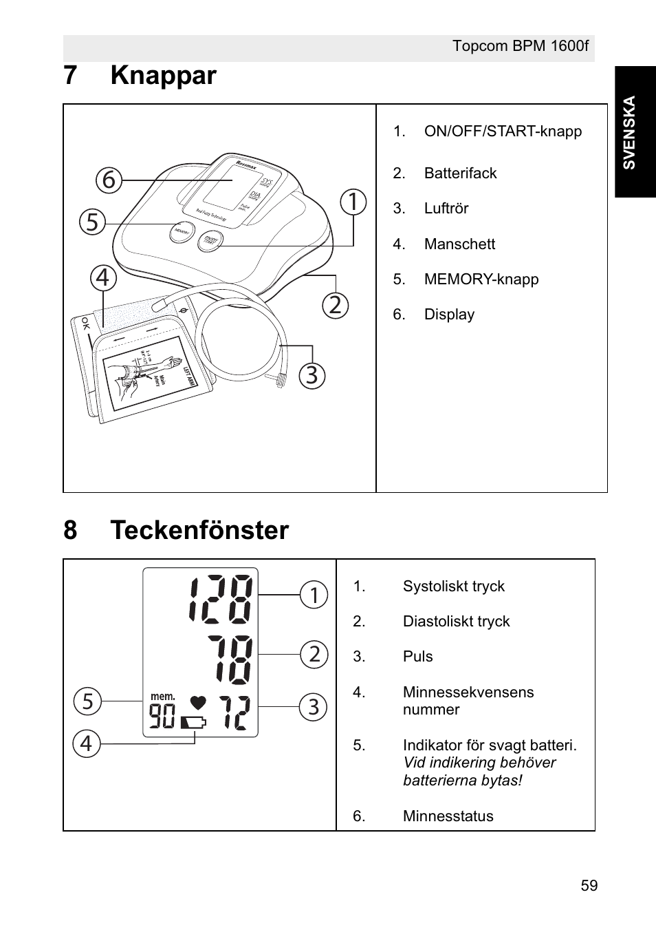 7knappar 8 teckenfönster | Topcom BPM ARM 1600F User Manual | Page 59 / 96