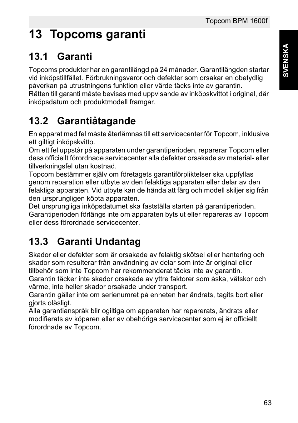 13 topcoms garanti, 1 garanti, 2 garantiåtagande | 3 garanti undantag | Topcom BPM ARM 1600F User Manual | Page 63 / 96