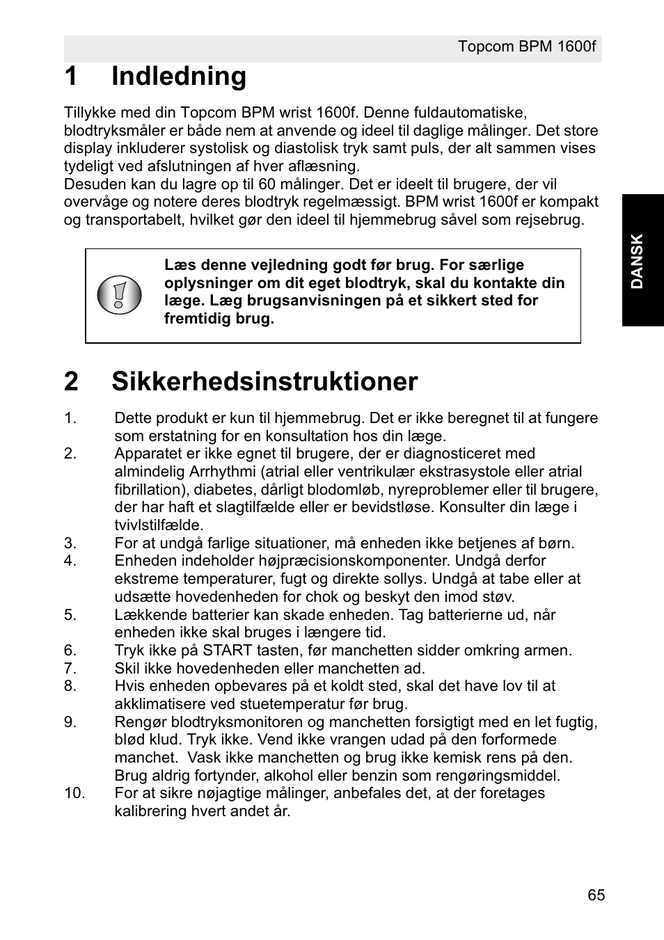 1indledning, 2sikkerhedsinstruktioner | Topcom BPM ARM 1600F User Manual | Page 65 / 96