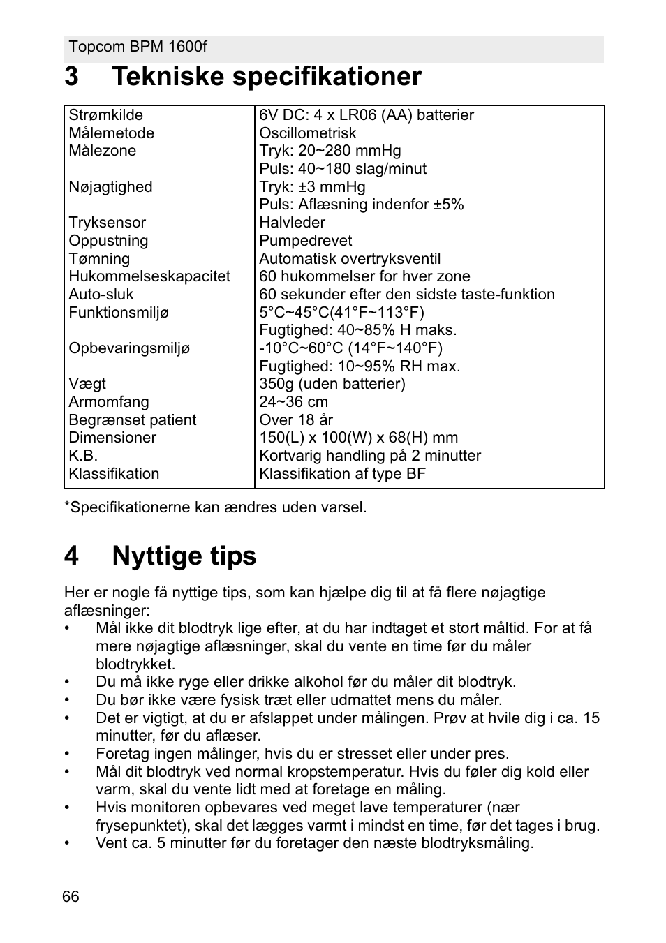 3tekniske specifikationer, 4nyttige tips | Topcom BPM ARM 1600F User Manual | Page 66 / 96