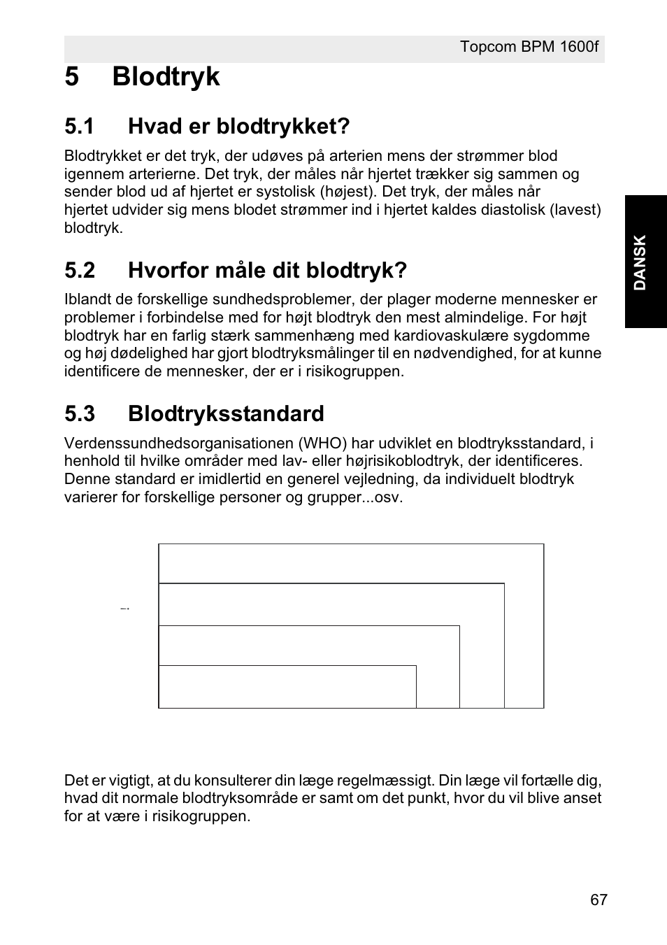 5blodtryk, 1 hvad er blodtrykket, 2 hvorfor måle dit blodtryk | 3 blodtryksstandard, Stage 2 hypertension, Stage 1 hypertension, Normal, Prehypertension | Topcom BPM ARM 1600F User Manual | Page 67 / 96