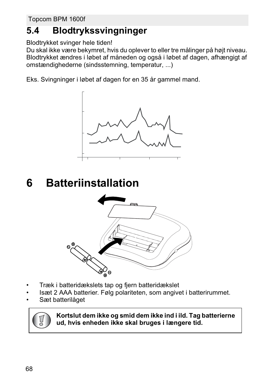 6batteriinstallation, 4 blodtrykssvingninger | Topcom BPM ARM 1600F User Manual | Page 68 / 96