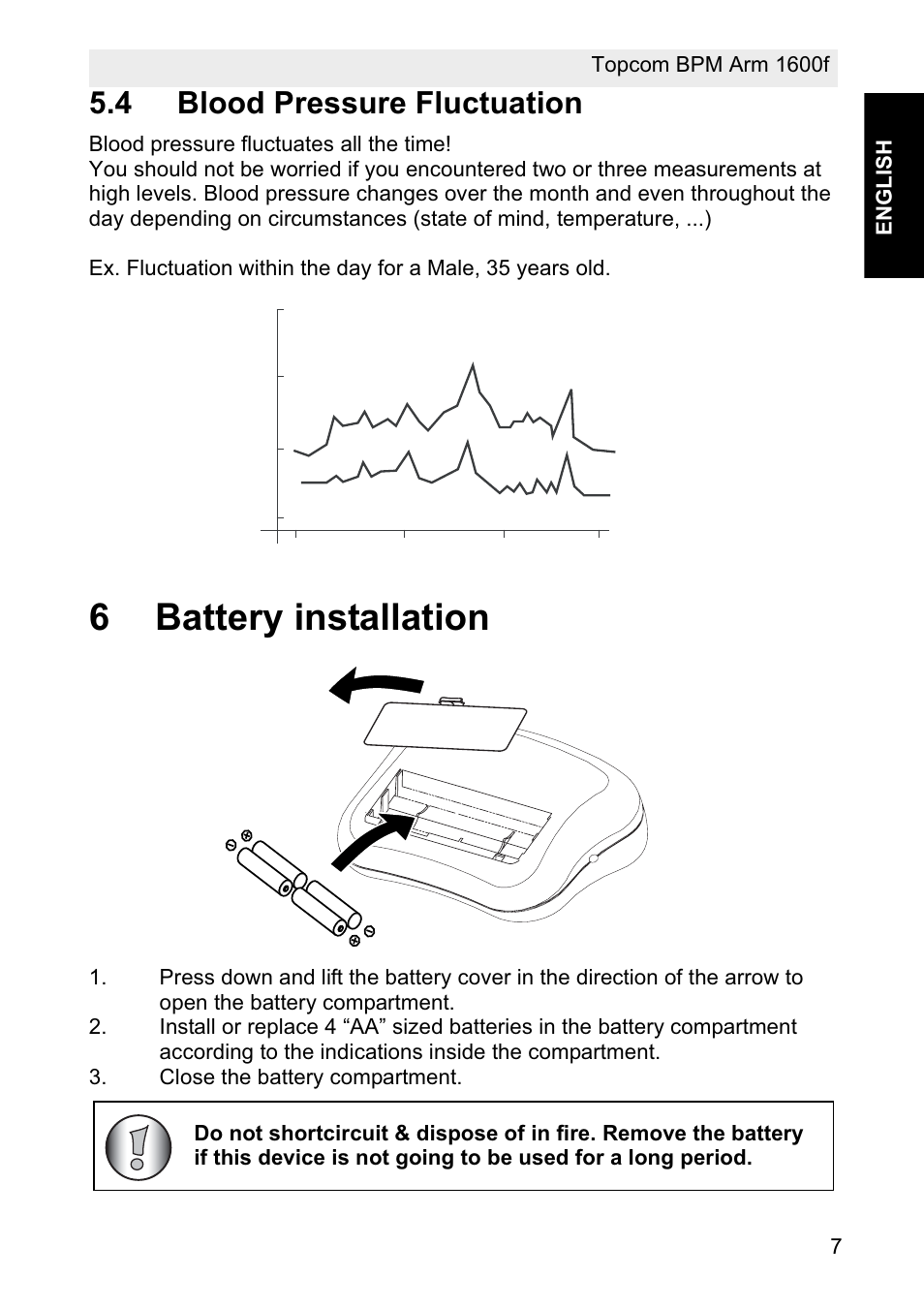 6battery installation, 4 blood pressure fluctuation | Topcom BPM ARM 1600F User Manual | Page 7 / 96