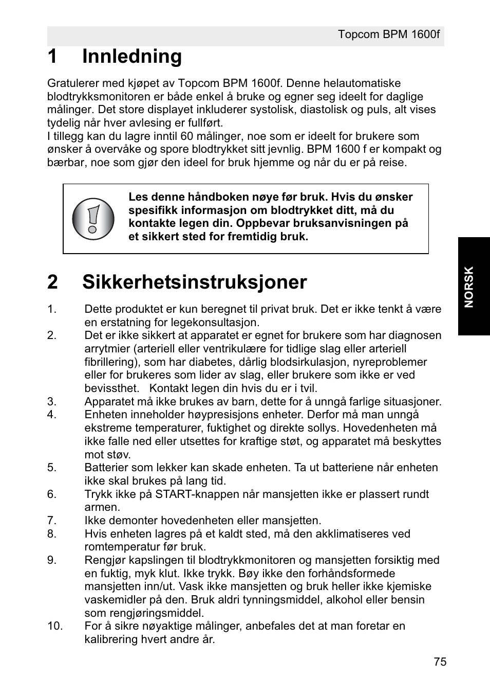 1innledning, 2sikkerhetsinstruksjoner | Topcom BPM ARM 1600F User Manual | Page 75 / 96