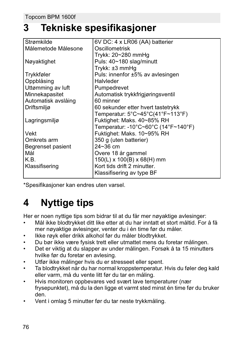 3tekniske spesifikasjoner, 4nyttige tips | Topcom BPM ARM 1600F User Manual | Page 76 / 96