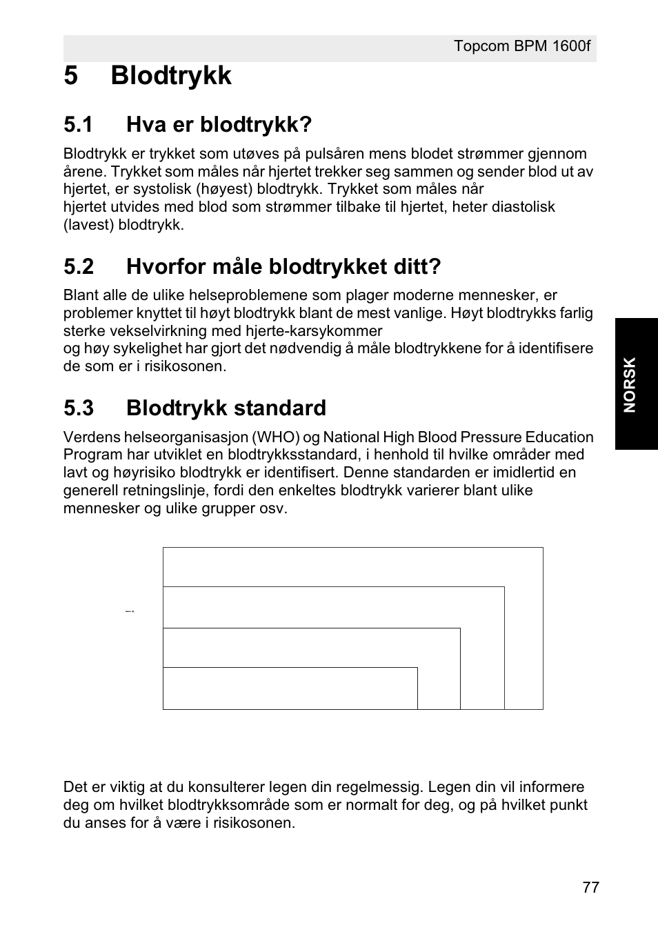 5blodtrykk, 1 hva er blodtrykk, 2 hvorfor måle blodtrykket ditt | 3 blodtrykk standard, Stage 2 hypertension, Stage 1 hypertension, Normal, Prehypertension | Topcom BPM ARM 1600F User Manual | Page 77 / 96