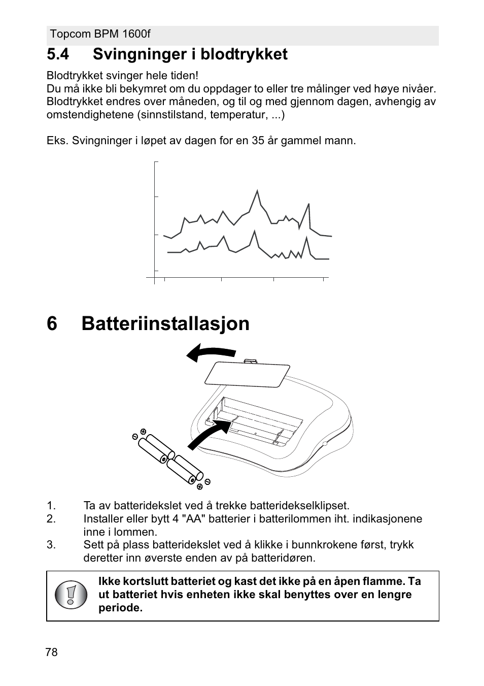 6batteriinstallasjon, 4 svingninger i blodtrykket | Topcom BPM ARM 1600F User Manual | Page 78 / 96