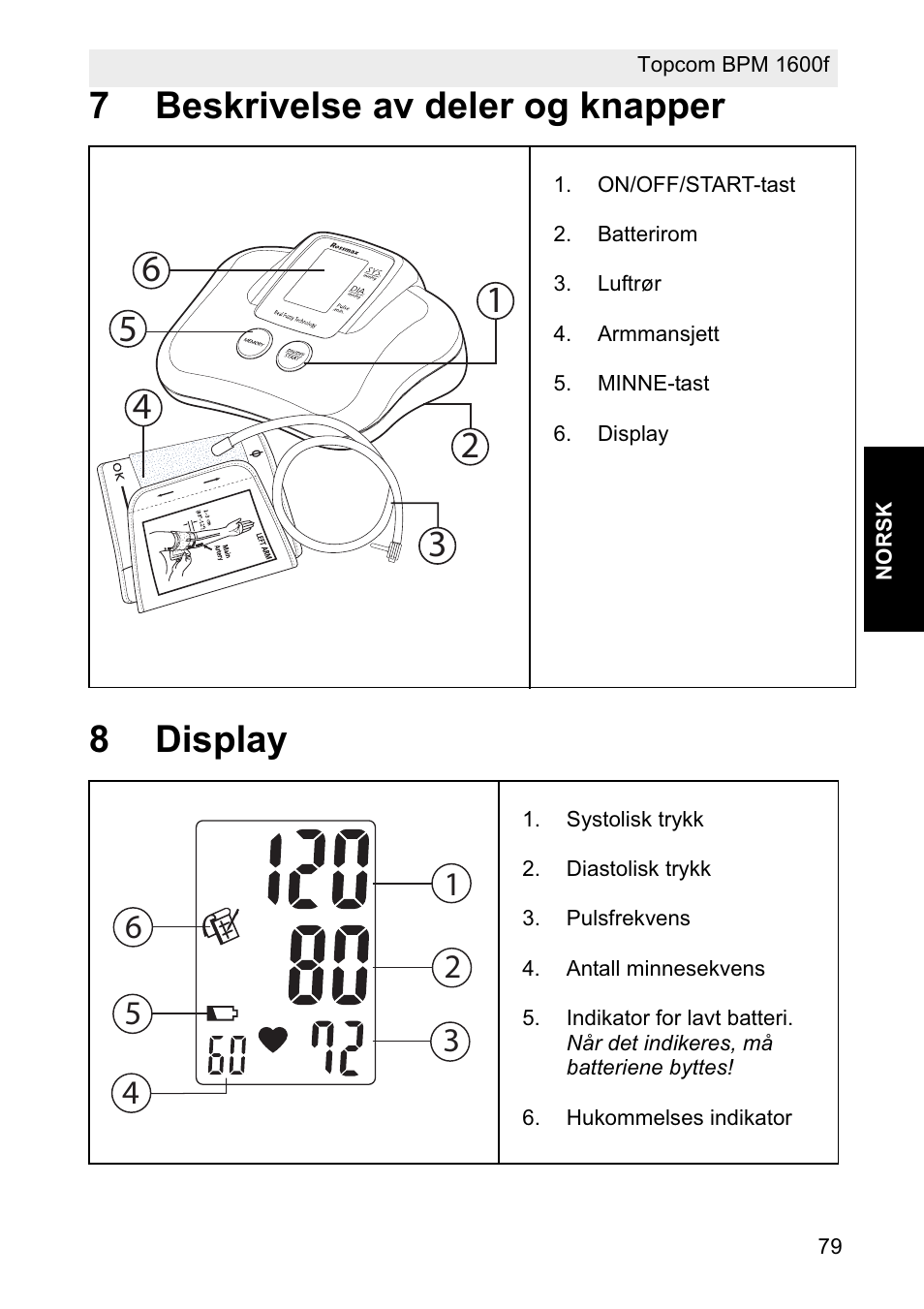 7beskrivelse av deler og knapper 8 display | Topcom BPM ARM 1600F User Manual | Page 79 / 96