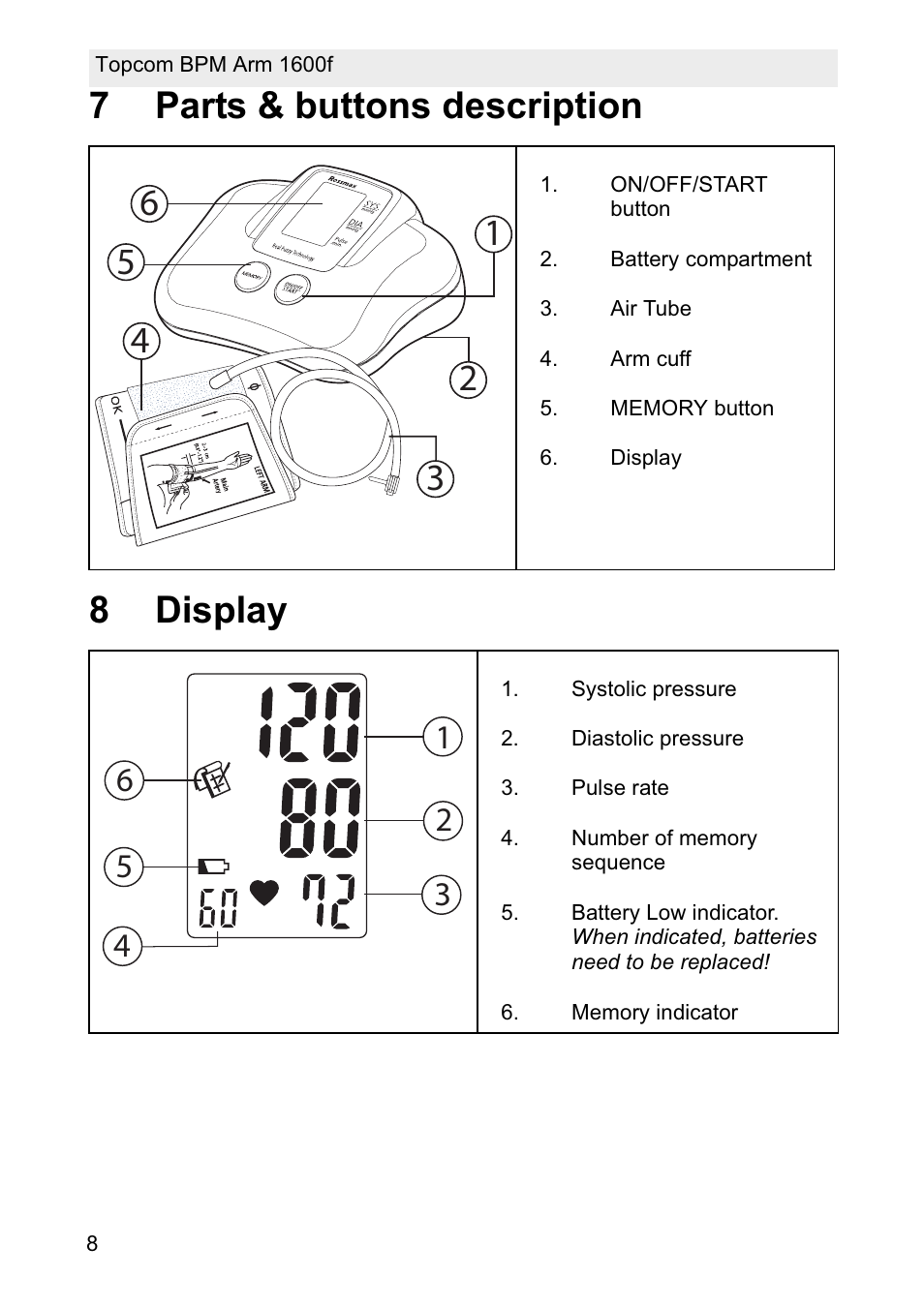 7parts & buttons description 8 display | Topcom BPM ARM 1600F User Manual | Page 8 / 96