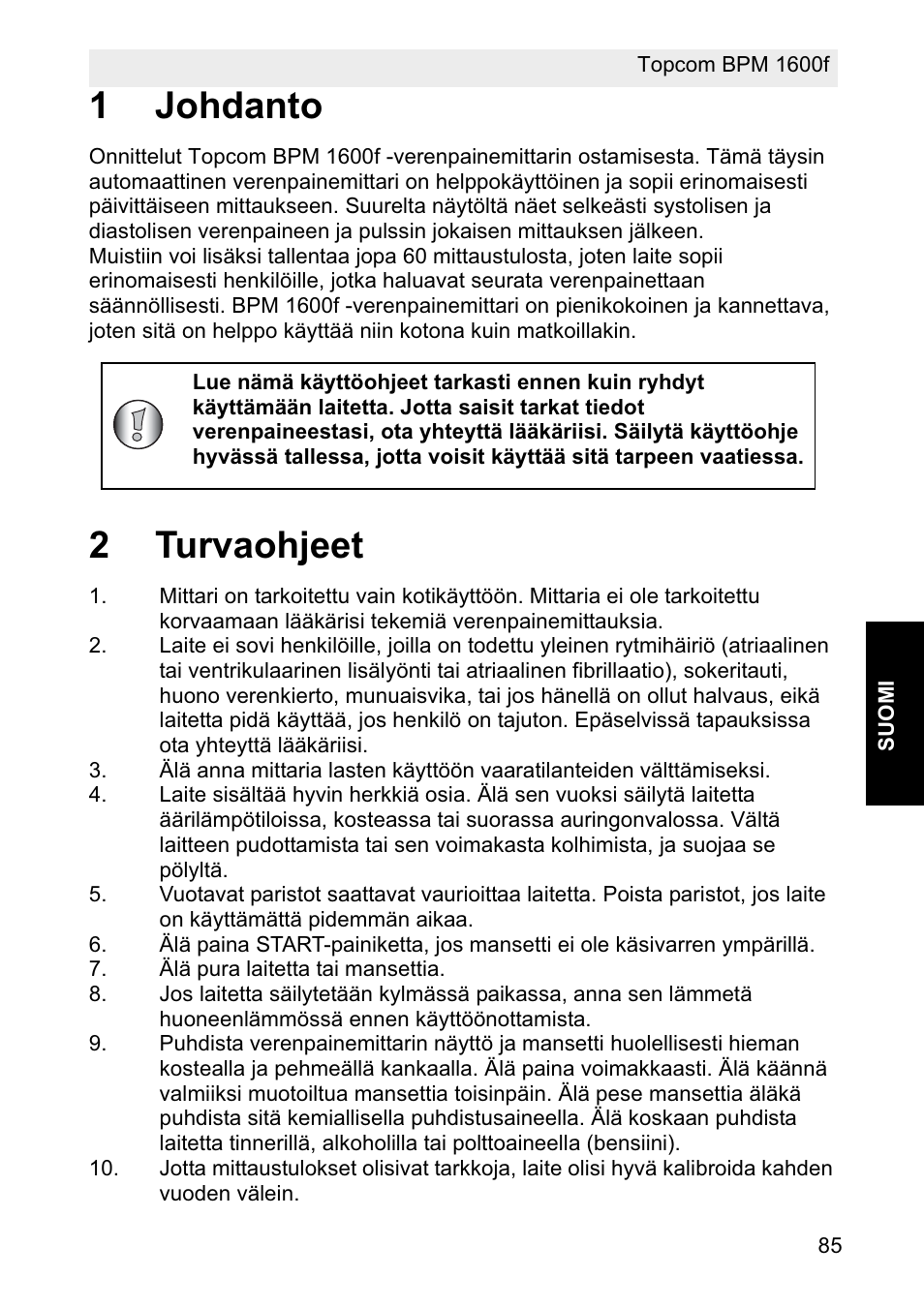 1johdanto, 2turvaohjeet | Topcom BPM ARM 1600F User Manual | Page 85 / 96