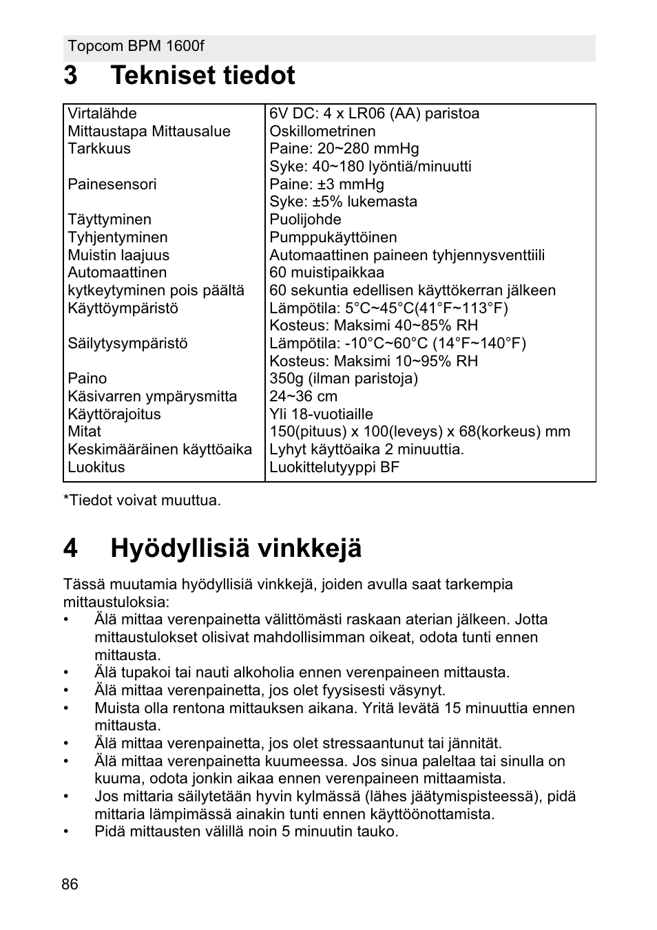 3tekniset tiedot, 4hyödyllisiä vinkkejä | Topcom BPM ARM 1600F User Manual | Page 86 / 96