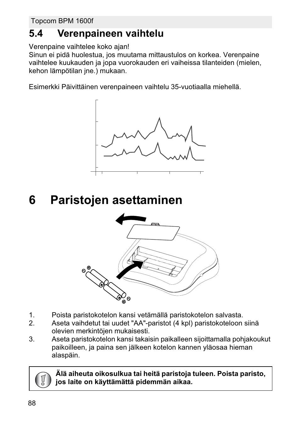 6paristojen asettaminen, 4 verenpaineen vaihtelu | Topcom BPM ARM 1600F User Manual | Page 88 / 96