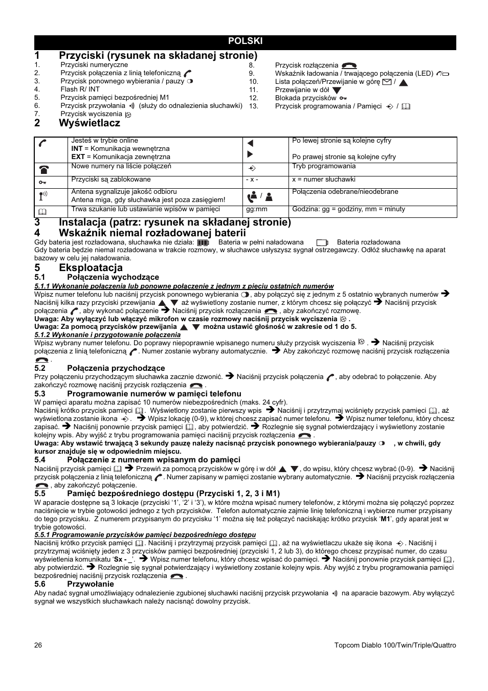 1przyciski (rysunek na sk áadanej stronie), 5eksploatacja, Polski | Topcom DIABLO 100 User Manual | Page 26 / 36