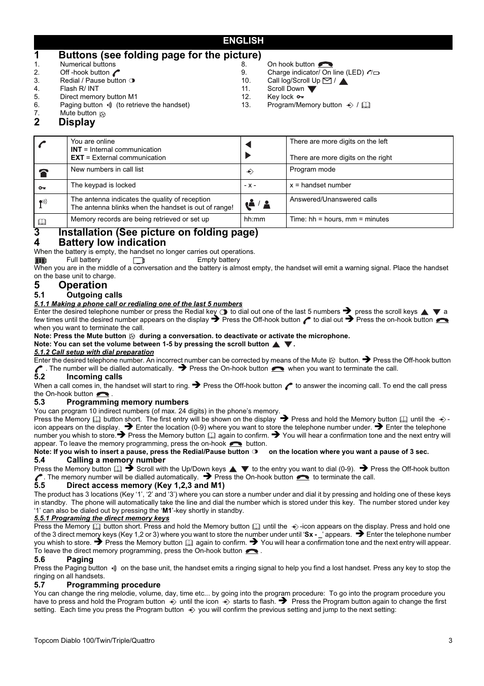 1buttons (see folding page for the picture), 5operation, English | Topcom DIABLO 100 User Manual | Page 3 / 36