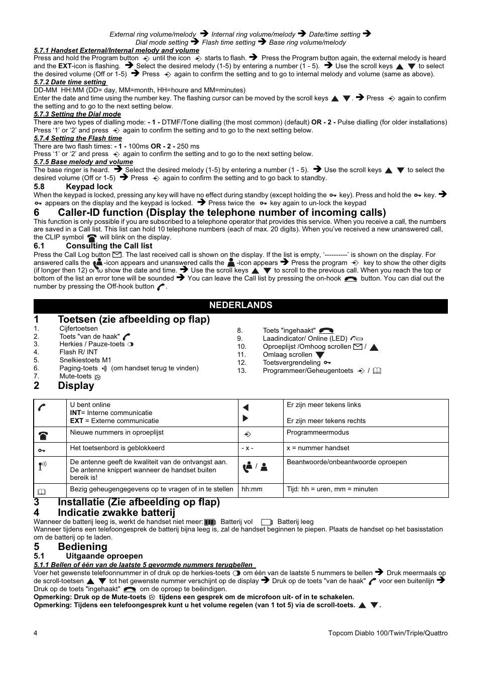 1toetsen (zie afbeelding op flap), 5bediening, Nederlands | Topcom DIABLO 100 User Manual | Page 4 / 36