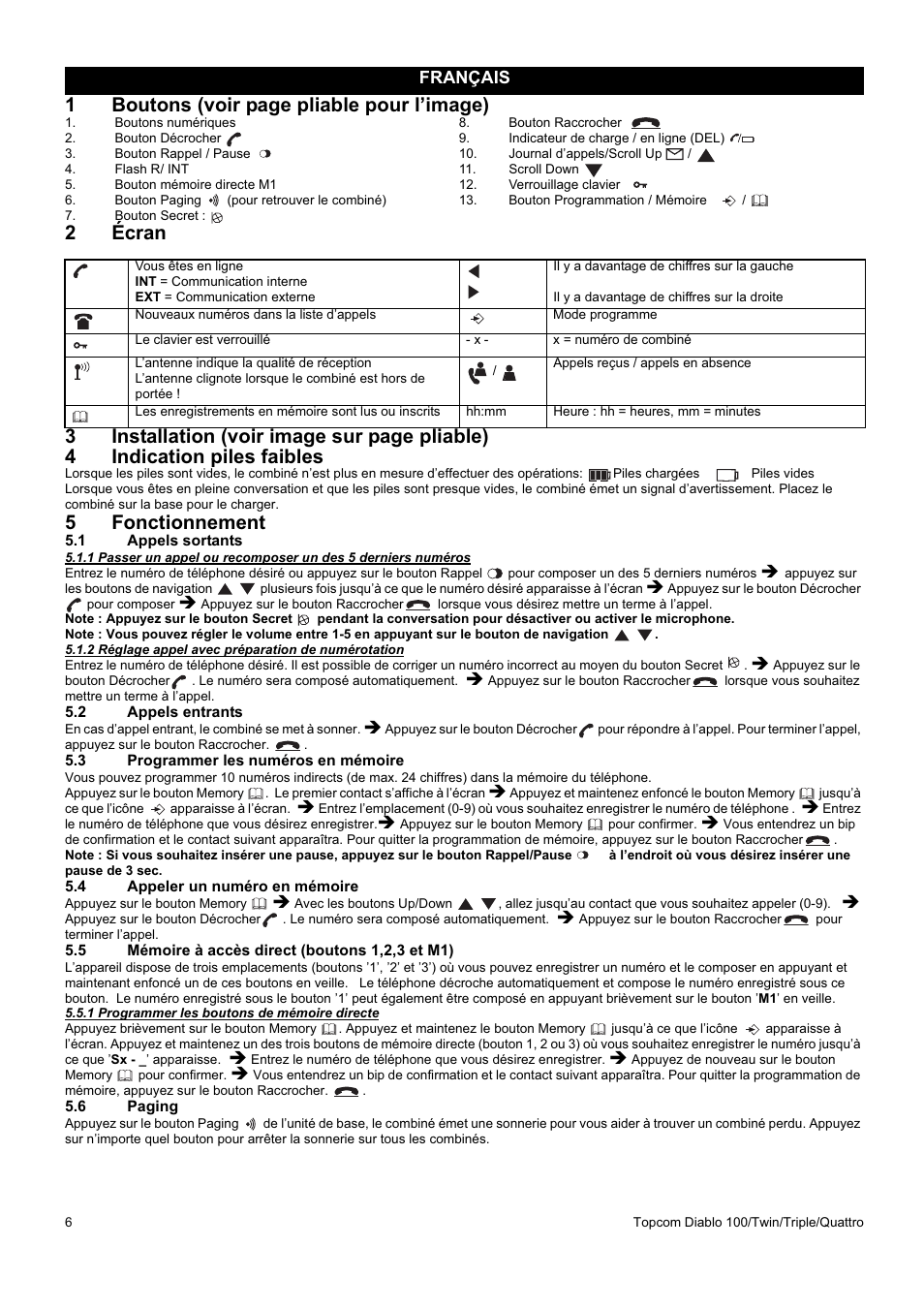 1boutons (voir page pliable pour l’image), 5fonctionnement, Français | Topcom DIABLO 100 User Manual | Page 6 / 36