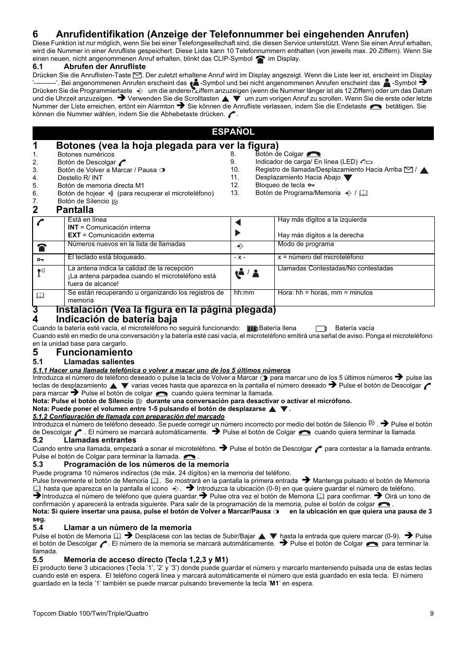 1botones (vea la hoja plegada para ver la figura), 5funcionamiento, Español | Topcom DIABLO 100 User Manual | Page 9 / 36