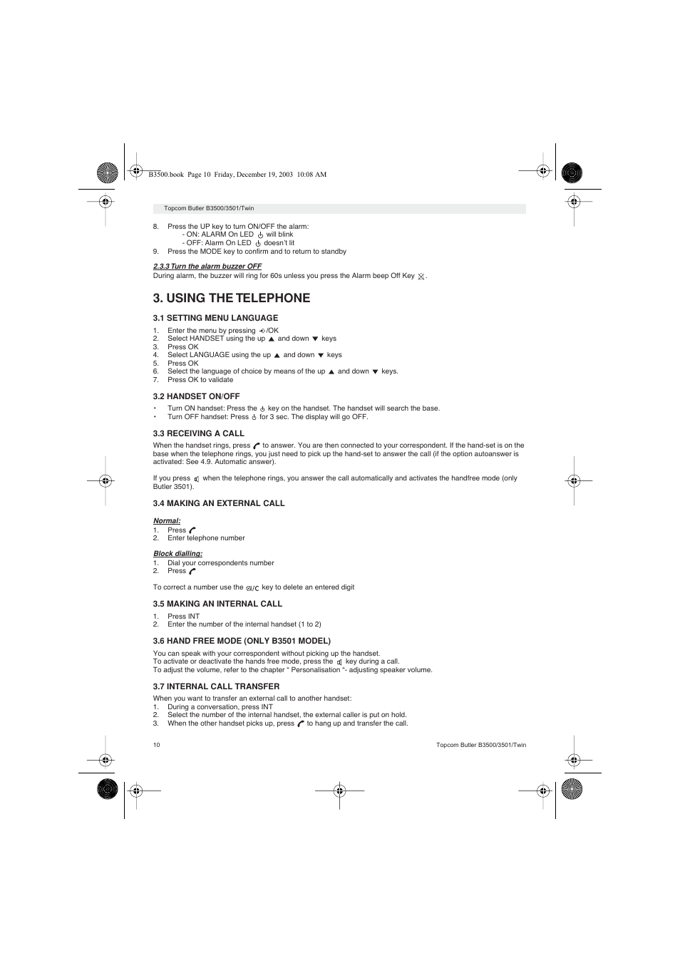 Using the telephone | Topcom BUTLER 3500 User Manual | Page 10 / 96