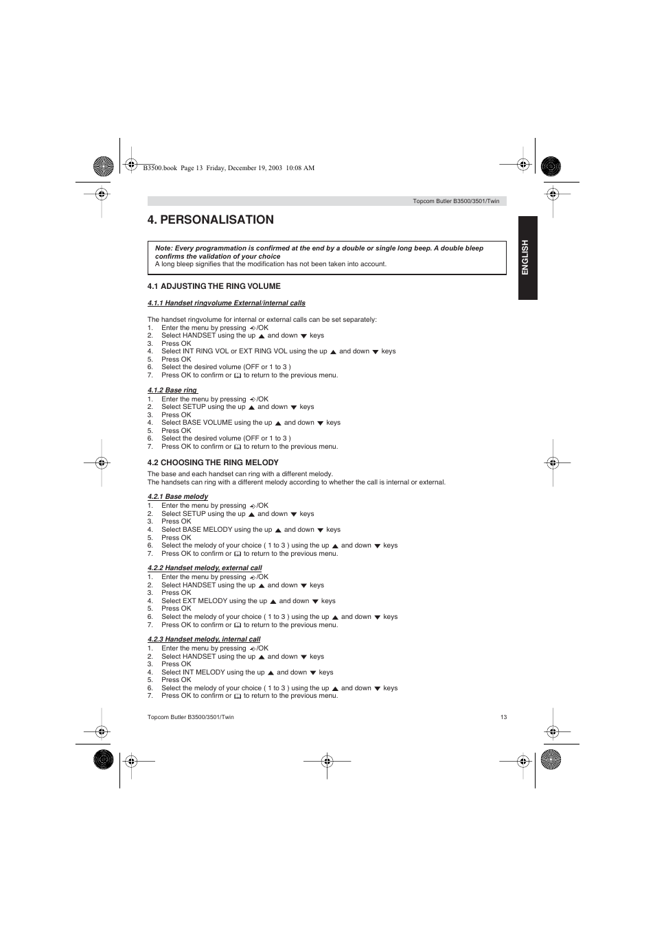 Personalisation | Topcom BUTLER 3500 User Manual | Page 13 / 96