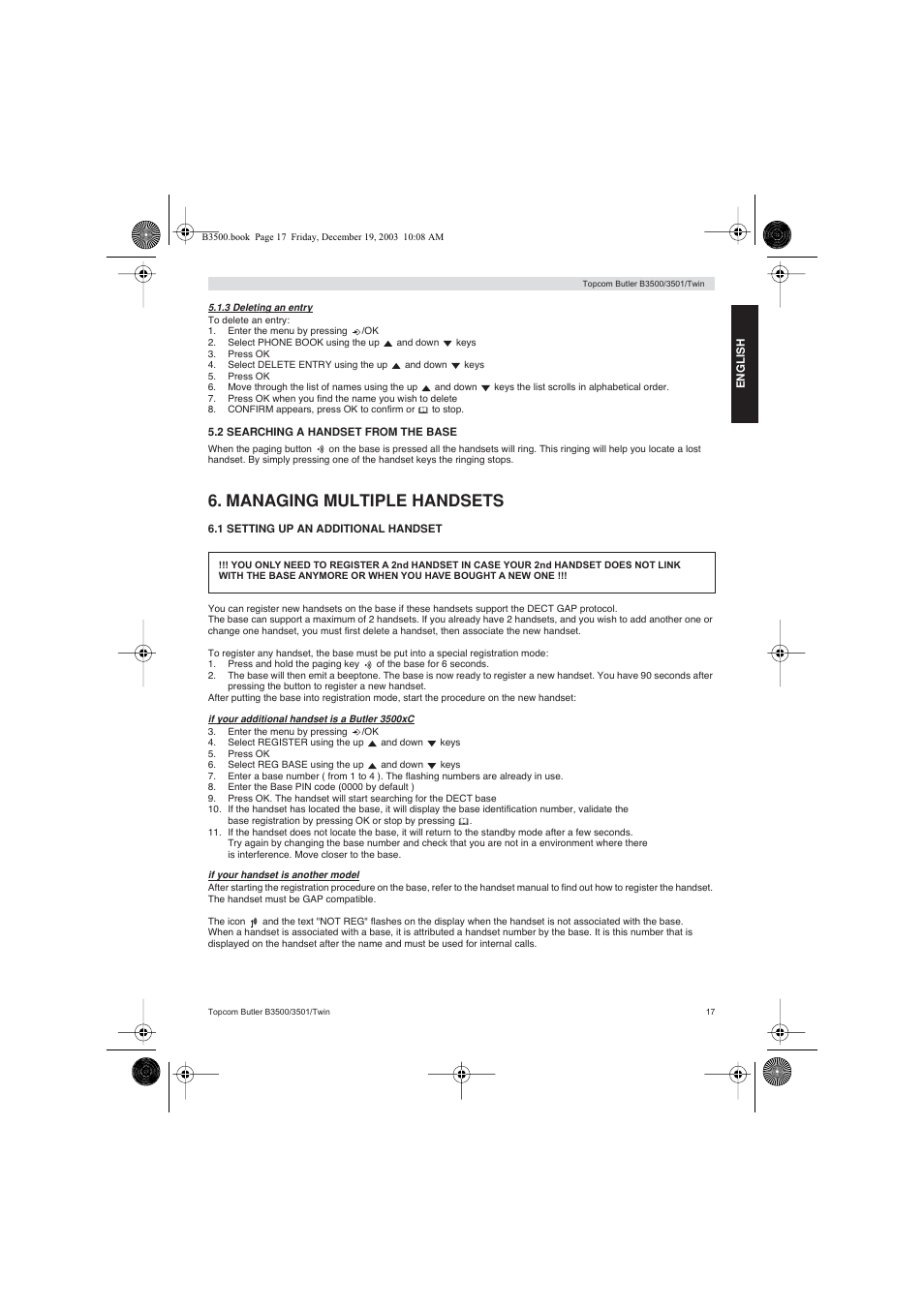 Managing multiple handsets | Topcom BUTLER 3500 User Manual | Page 17 / 96