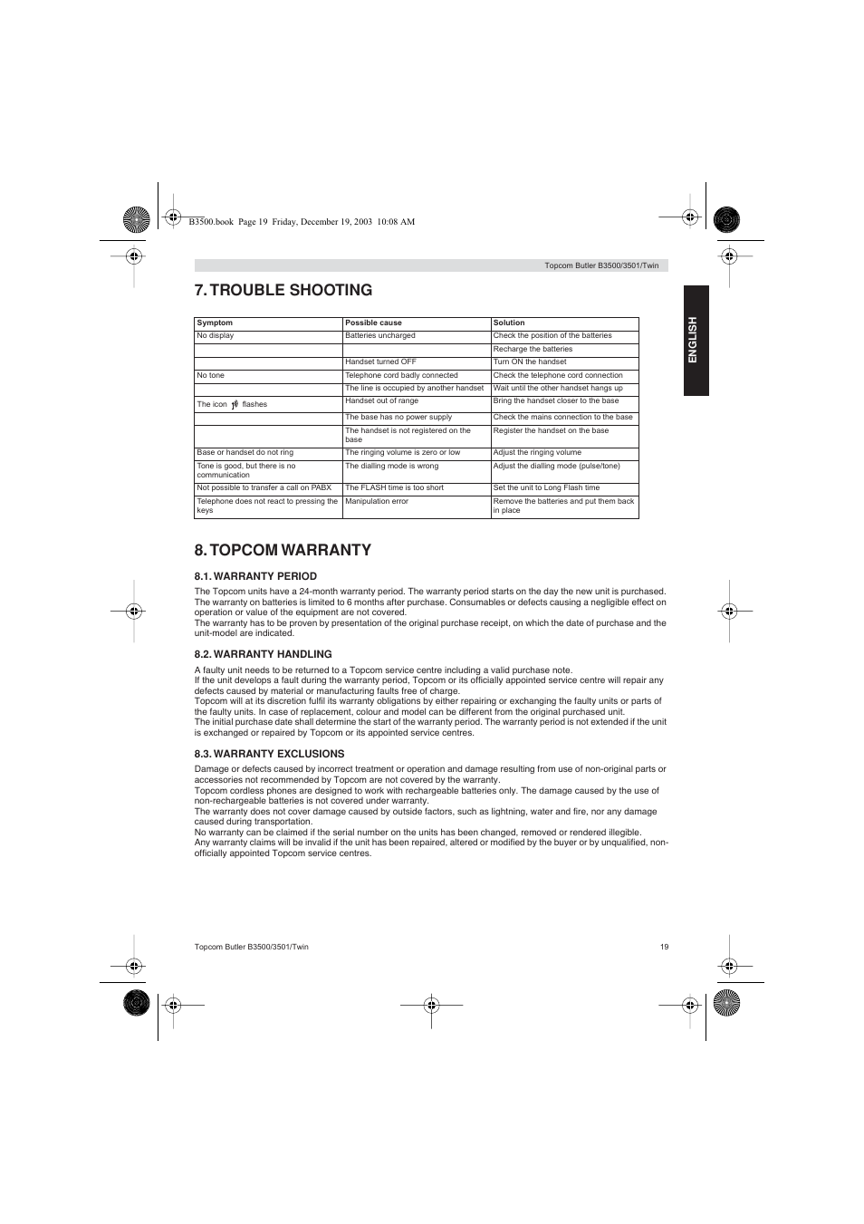 Trouble shooting 8. topcom warranty | Topcom BUTLER 3500 User Manual | Page 19 / 96