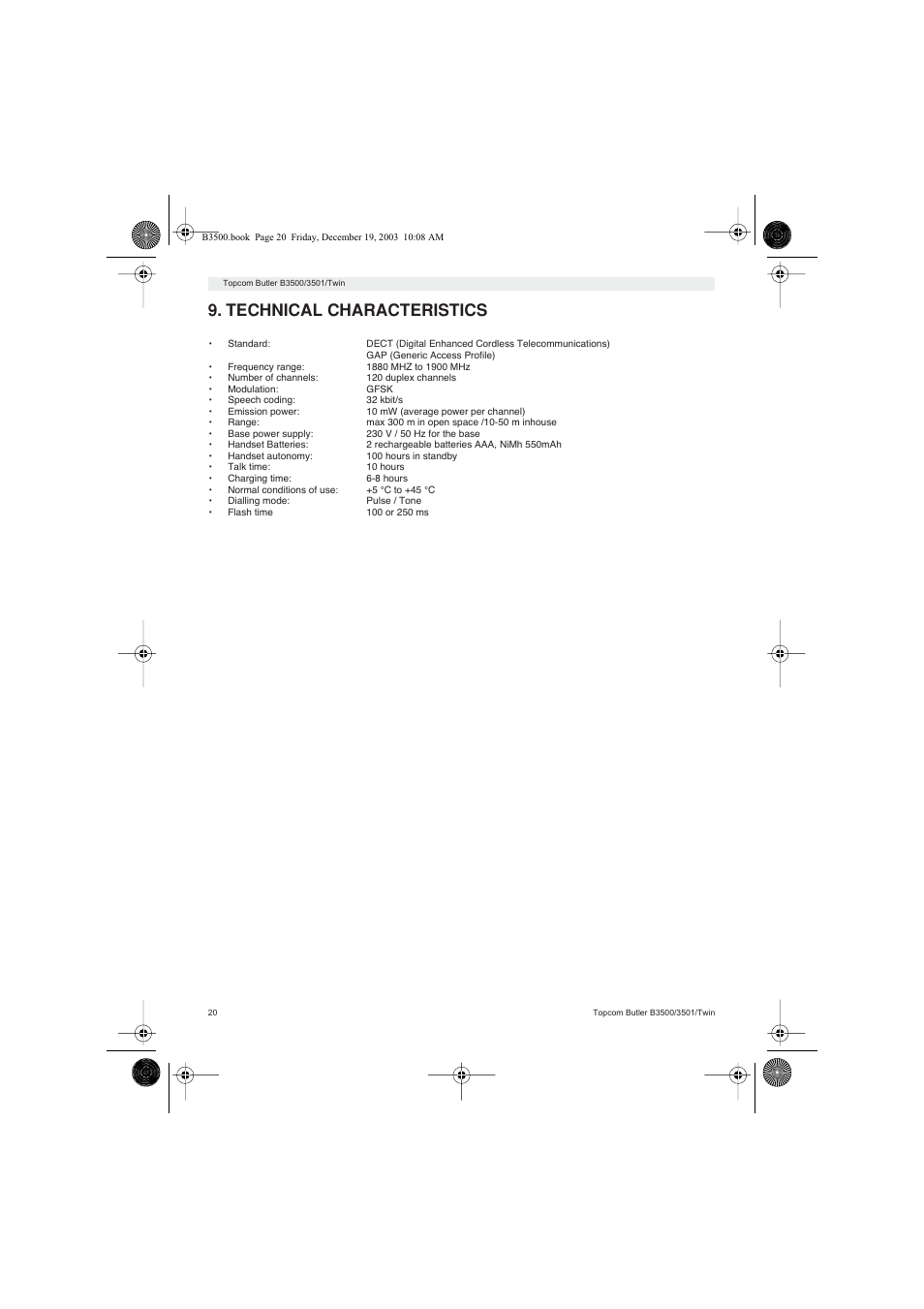 Technical characteristics | Topcom BUTLER 3500 User Manual | Page 20 / 96