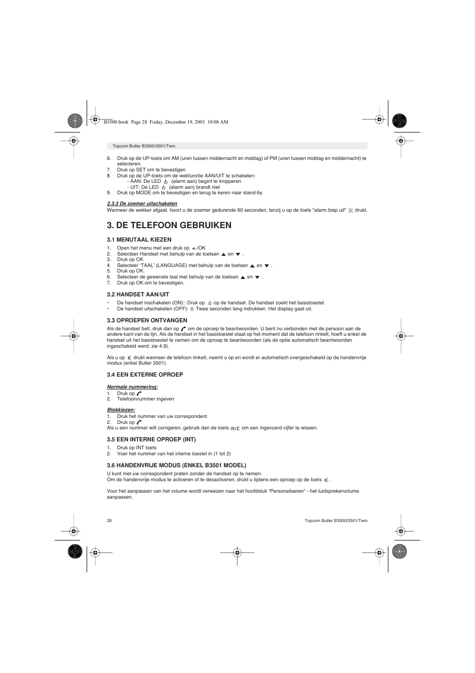 De telefoon gebruiken | Topcom BUTLER 3500 User Manual | Page 28 / 96