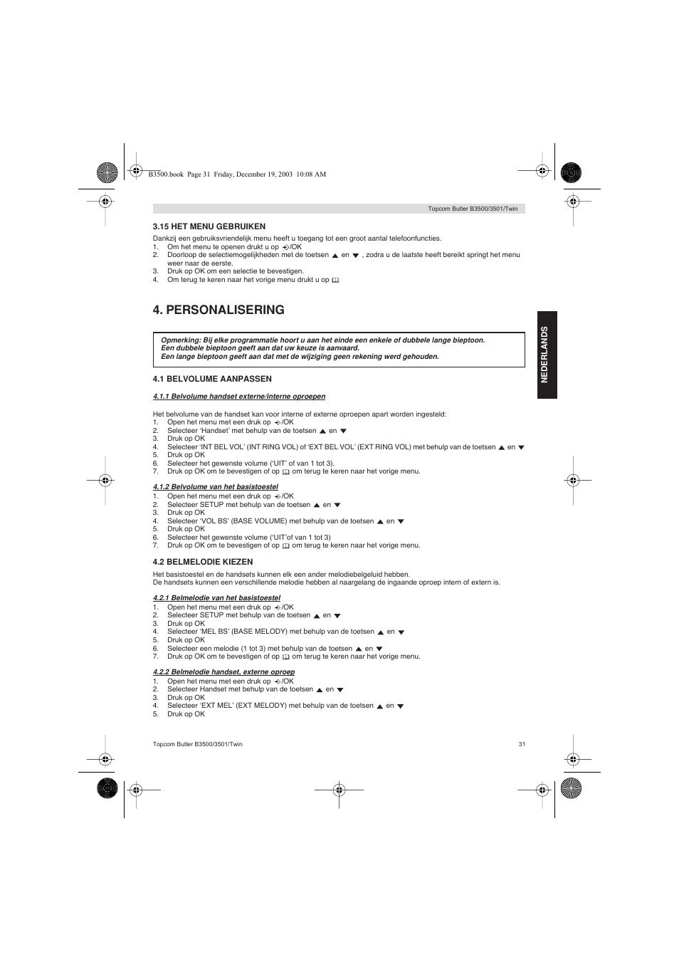 Personalisering | Topcom BUTLER 3500 User Manual | Page 31 / 96