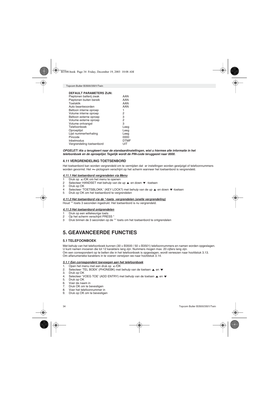 Geavanceerde functies | Topcom BUTLER 3500 User Manual | Page 34 / 96