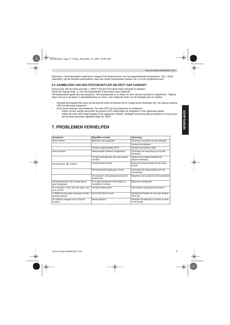 Problemen verhelpen | Topcom BUTLER 3500 User Manual | Page 37 / 96