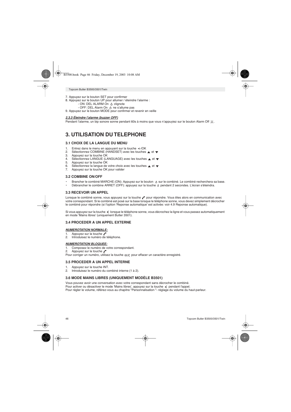 Utilisation du telephone | Topcom BUTLER 3500 User Manual | Page 46 / 96