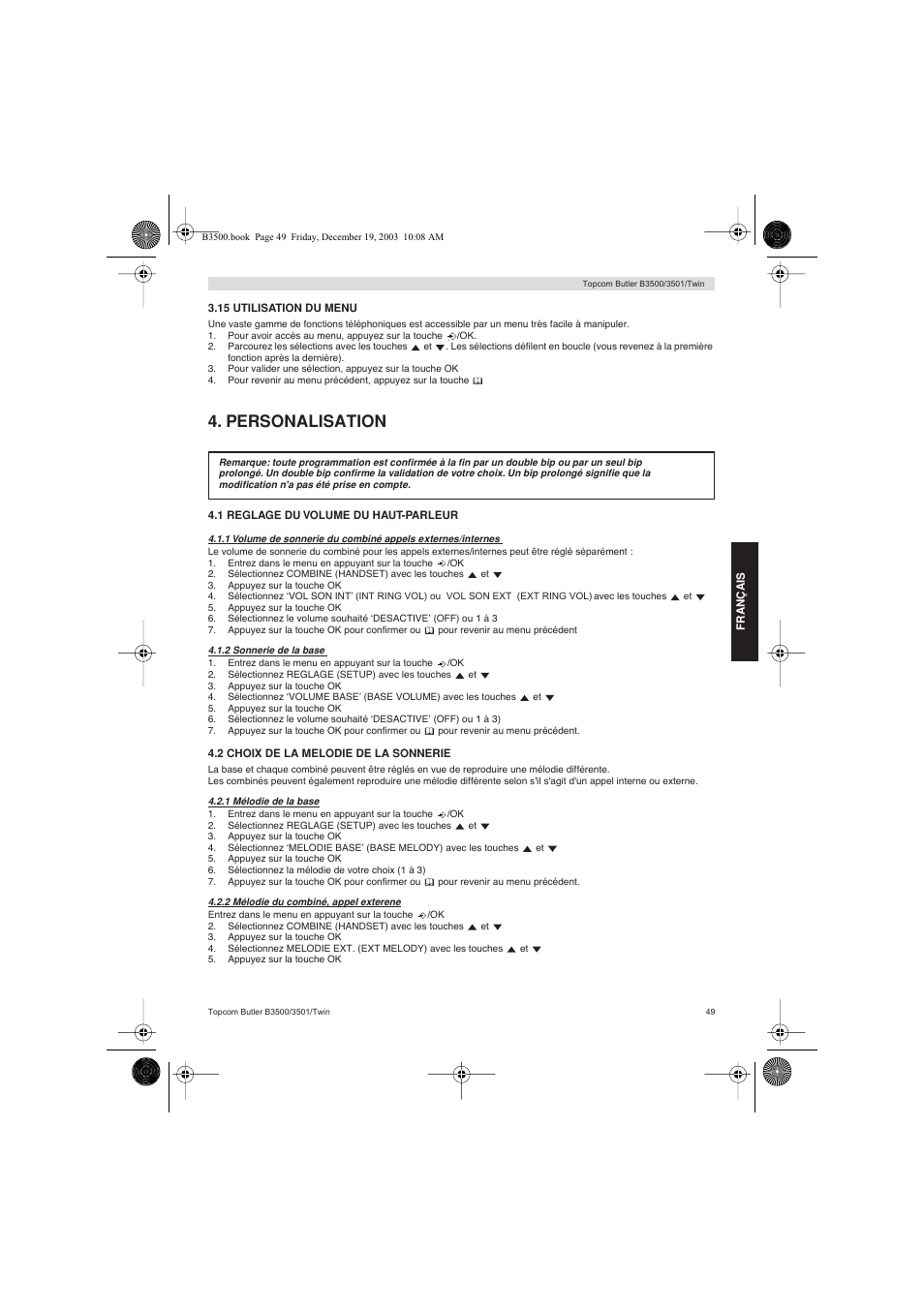 Personalisation | Topcom BUTLER 3500 User Manual | Page 49 / 96