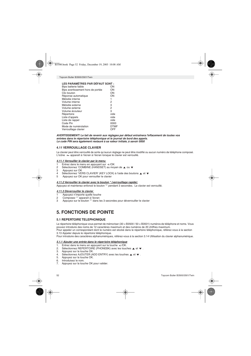 Fonctions de pointe | Topcom BUTLER 3500 User Manual | Page 52 / 96