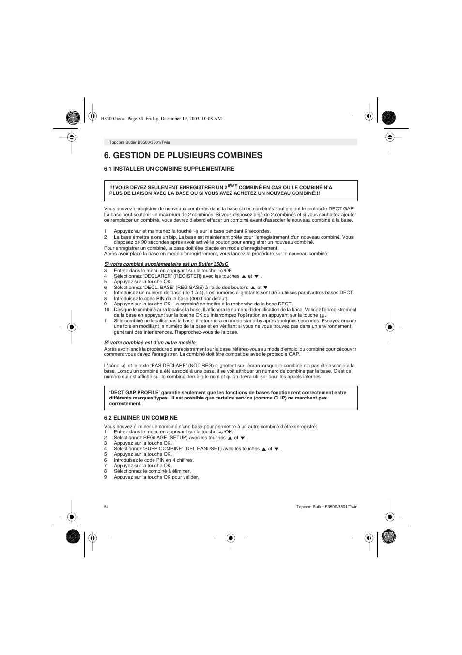Gestion de plusieurs combines | Topcom BUTLER 3500 User Manual | Page 54 / 96