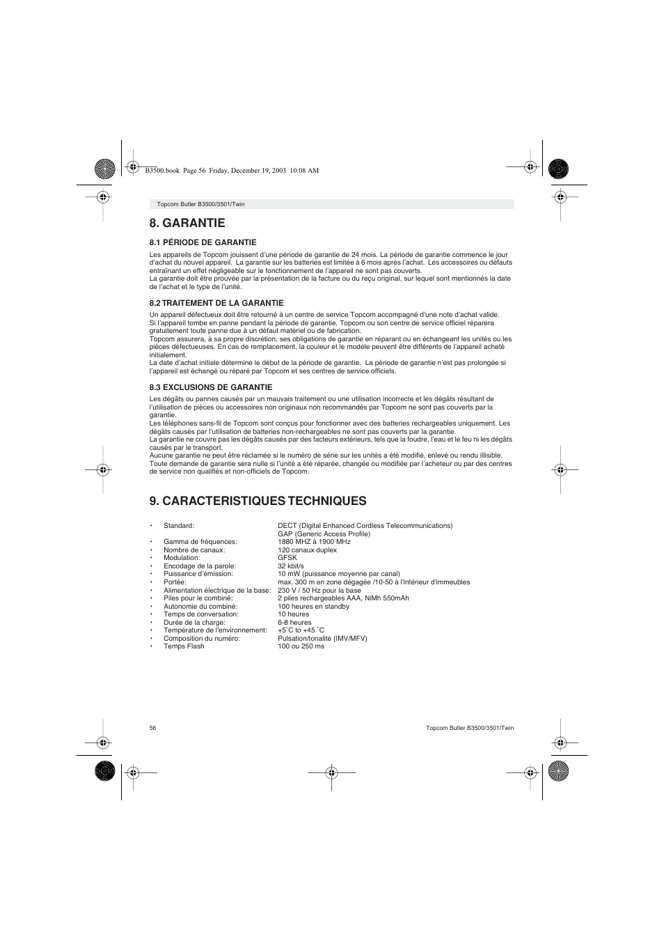 Garantie, Caracteristiques techniques | Topcom BUTLER 3500 User Manual | Page 56 / 96
