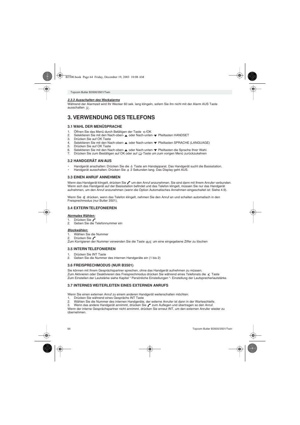 Verwendung des telefons | Topcom BUTLER 3500 User Manual | Page 64 / 96