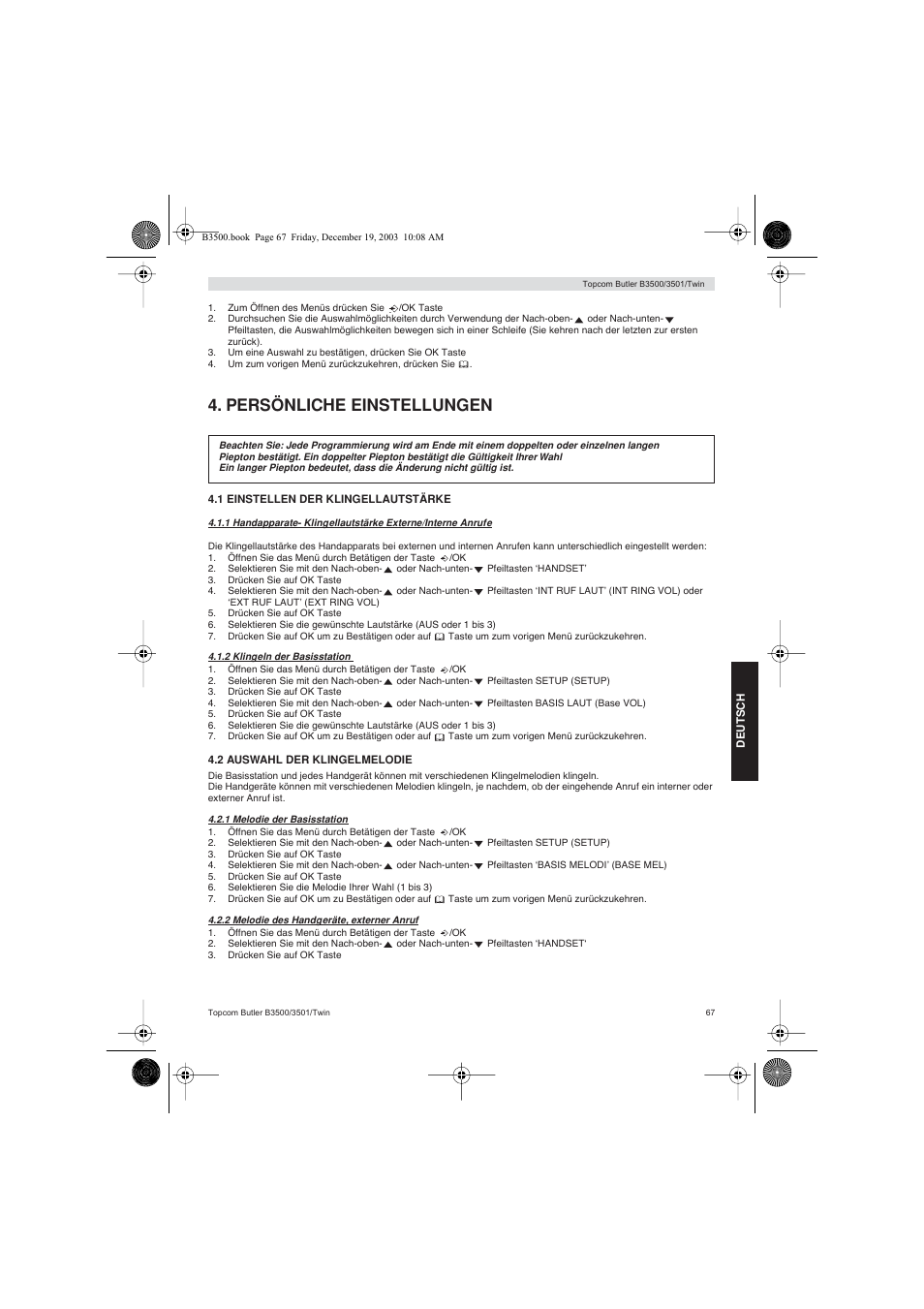 Persönliche einstellungen | Topcom BUTLER 3500 User Manual | Page 67 / 96
