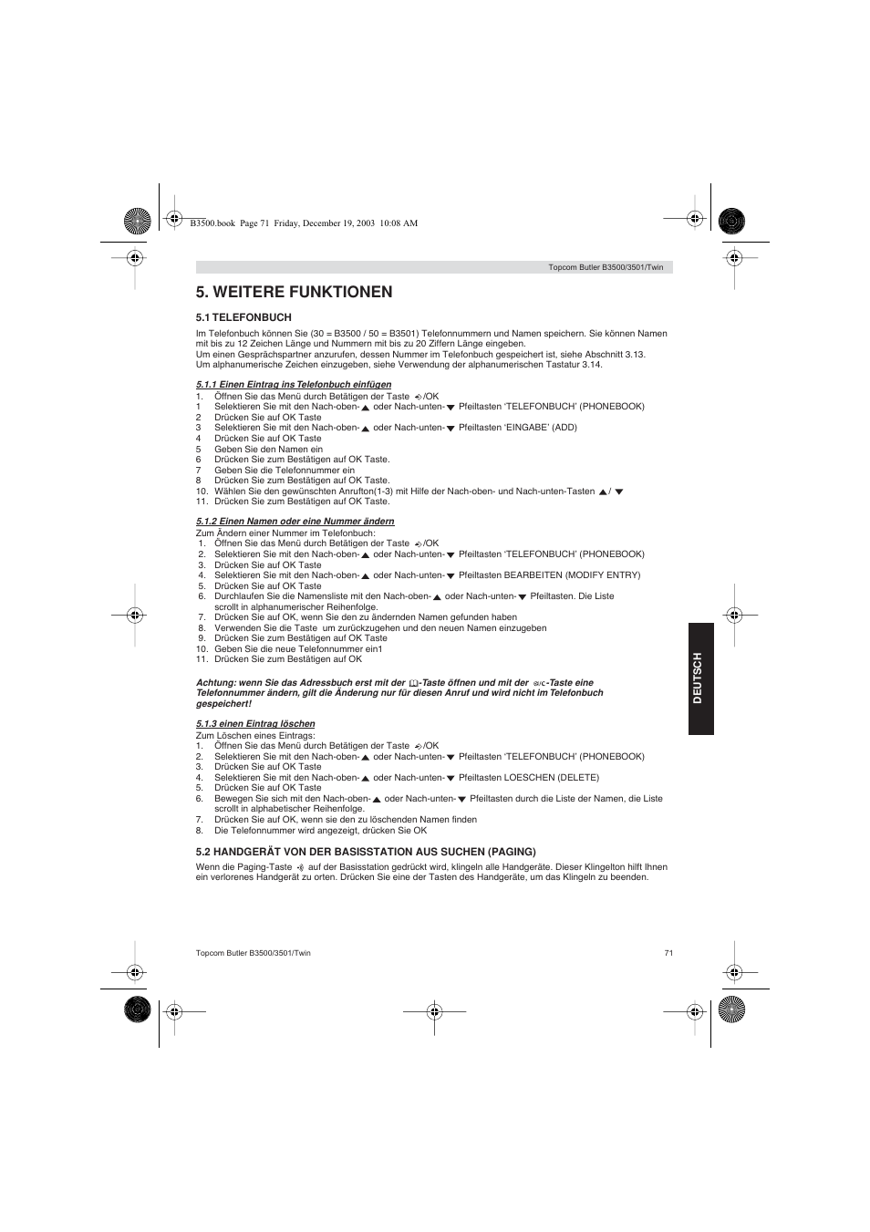 Weitere funktionen | Topcom BUTLER 3500 User Manual | Page 71 / 96