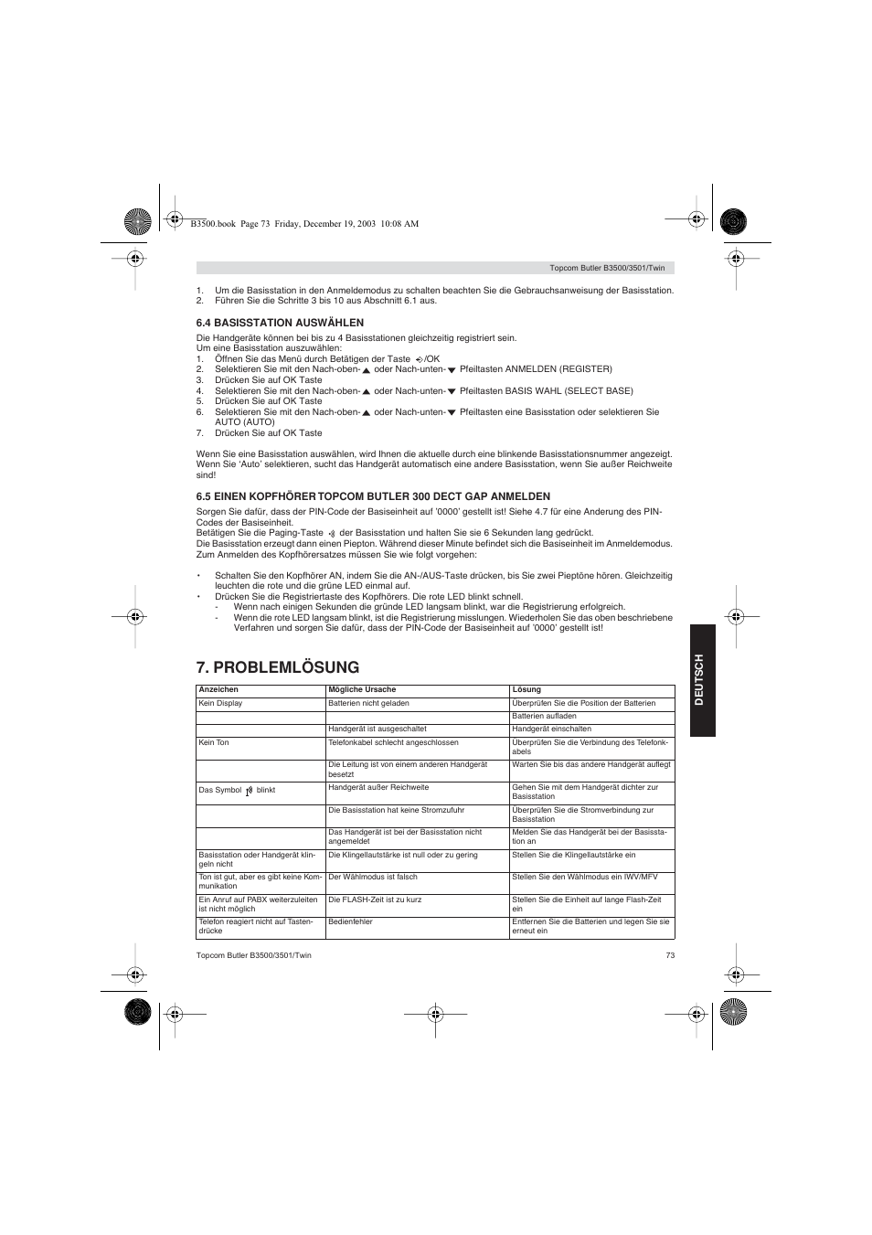 Problemlösung | Topcom BUTLER 3500 User Manual | Page 73 / 96