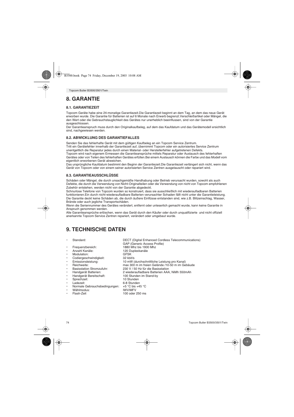 Garantie, Technische daten | Topcom BUTLER 3500 User Manual | Page 74 / 96