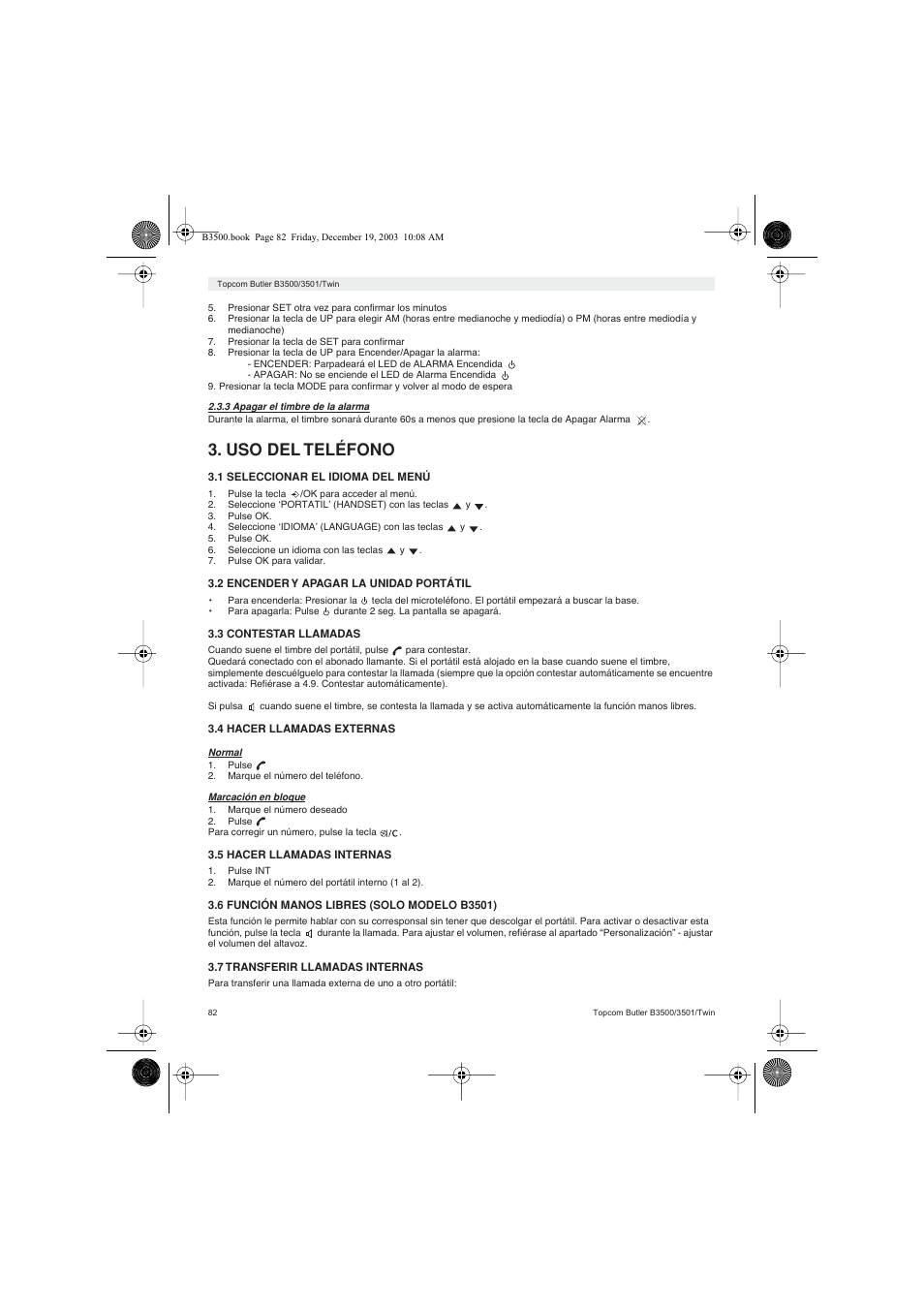 Uso del teléfono | Topcom BUTLER 3500 User Manual | Page 82 / 96