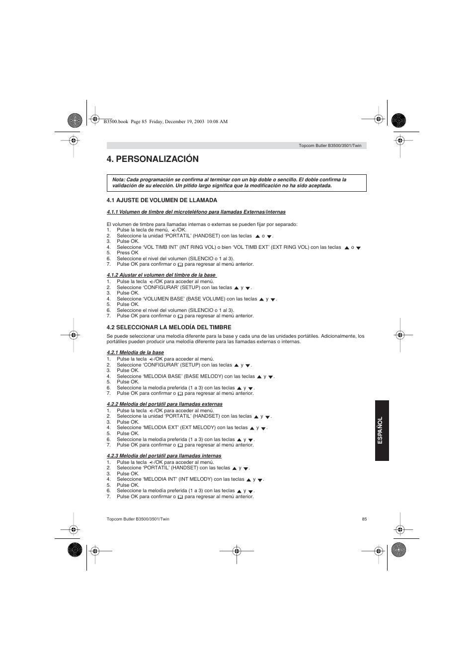 Personalización | Topcom BUTLER 3500 User Manual | Page 85 / 96