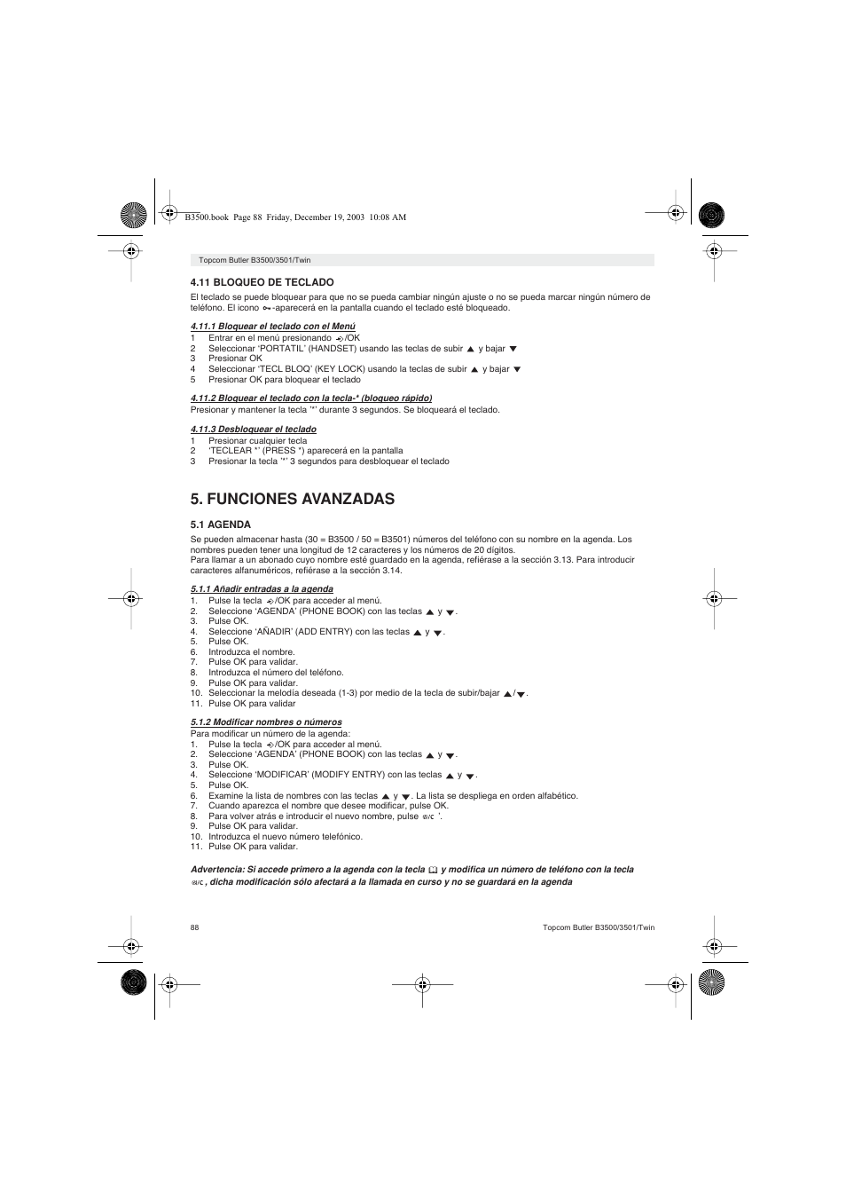 Funciones avanzadas | Topcom BUTLER 3500 User Manual | Page 88 / 96