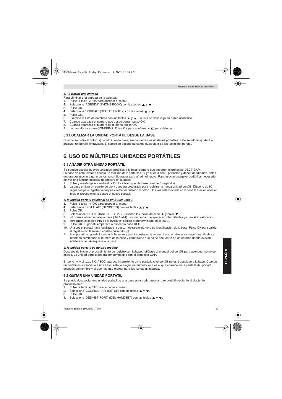 Uso de múltiples unidades portátiles | Topcom BUTLER 3500 User Manual | Page 89 / 96