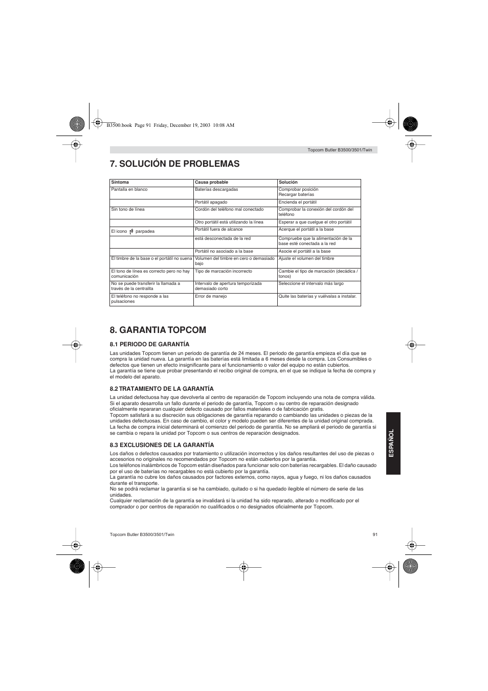 Solución de problemas 8. garantia topcom | Topcom BUTLER 3500 User Manual | Page 91 / 96