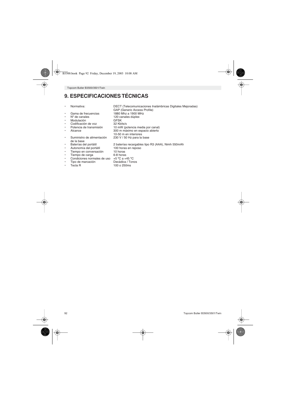 Especificaciones técnicas | Topcom BUTLER 3500 User Manual | Page 92 / 96