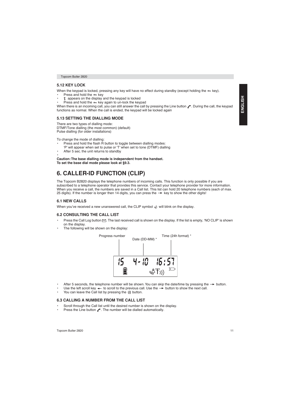 Caller-id function (clip) | Topcom BUTLER 2820 User Manual | Page 11 / 56