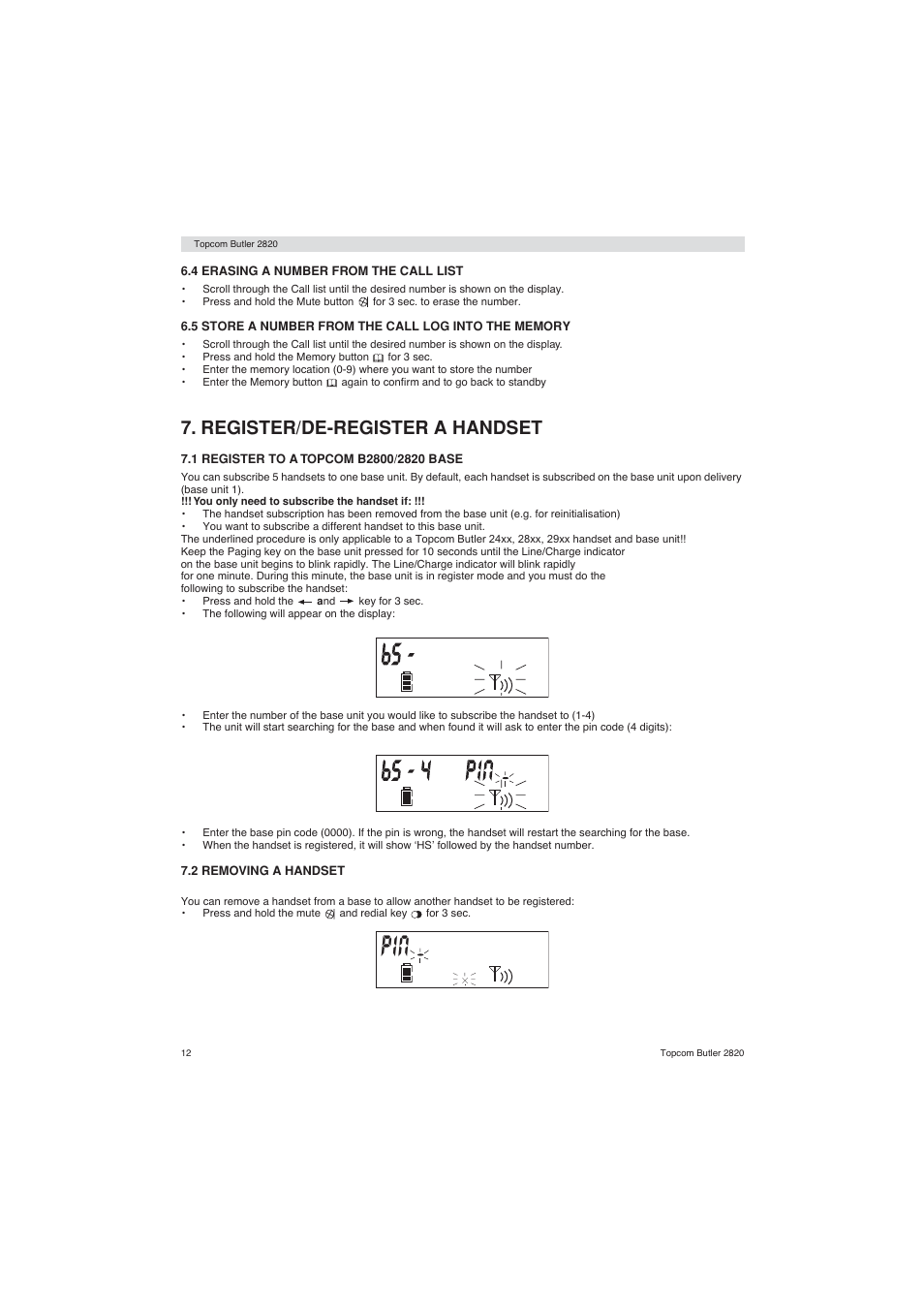 Register/de-register a handset | Topcom BUTLER 2820 User Manual | Page 12 / 56