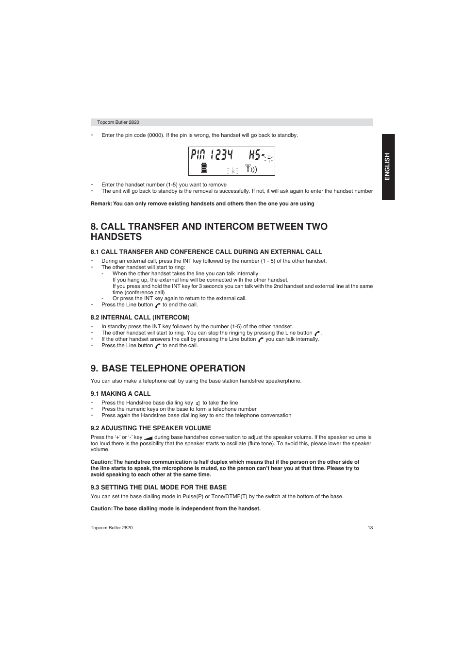 Call transfer and intercom between two handsets, Base telephone operation | Topcom BUTLER 2820 User Manual | Page 13 / 56