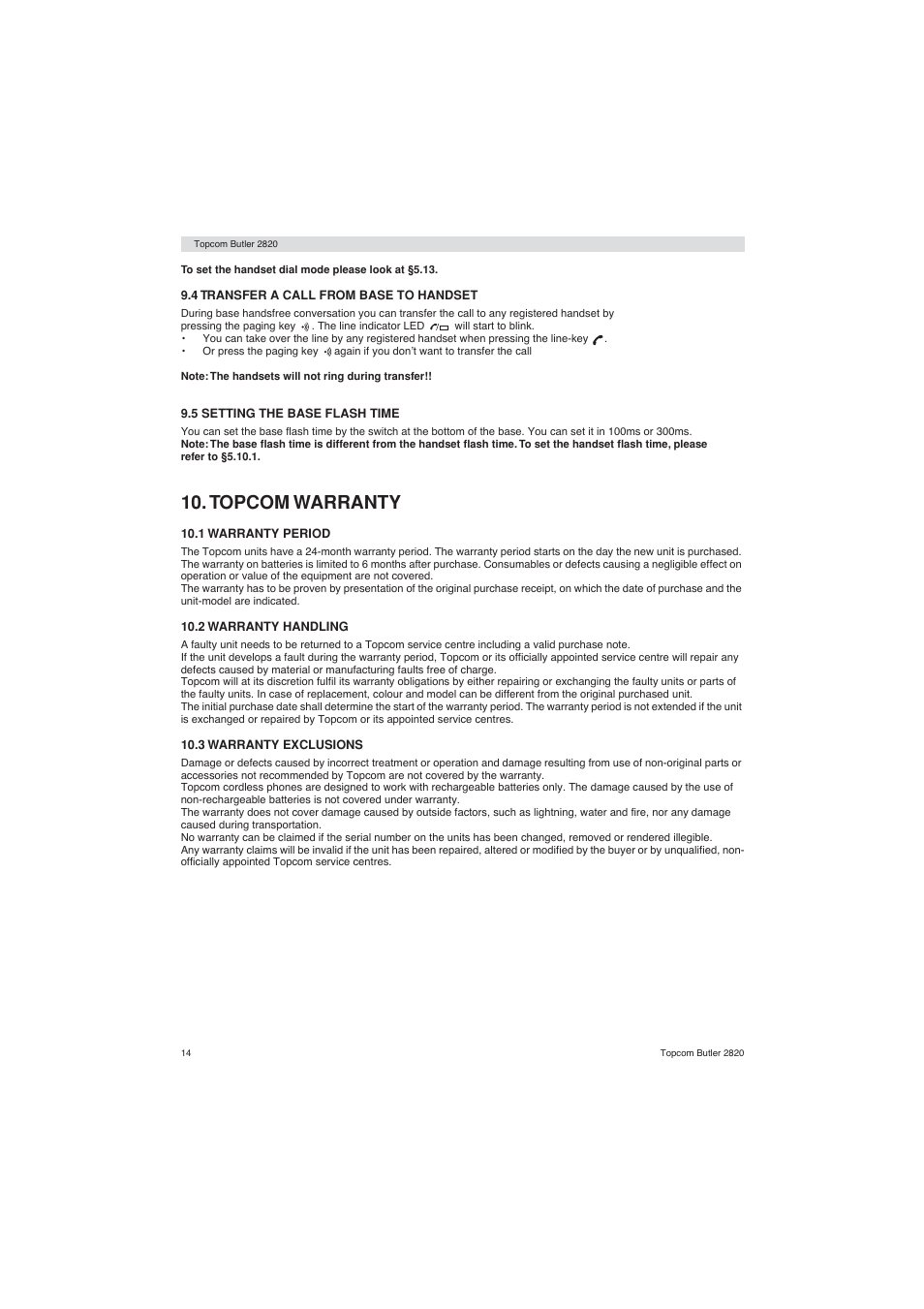 Topcom warranty | Topcom BUTLER 2820 User Manual | Page 14 / 56